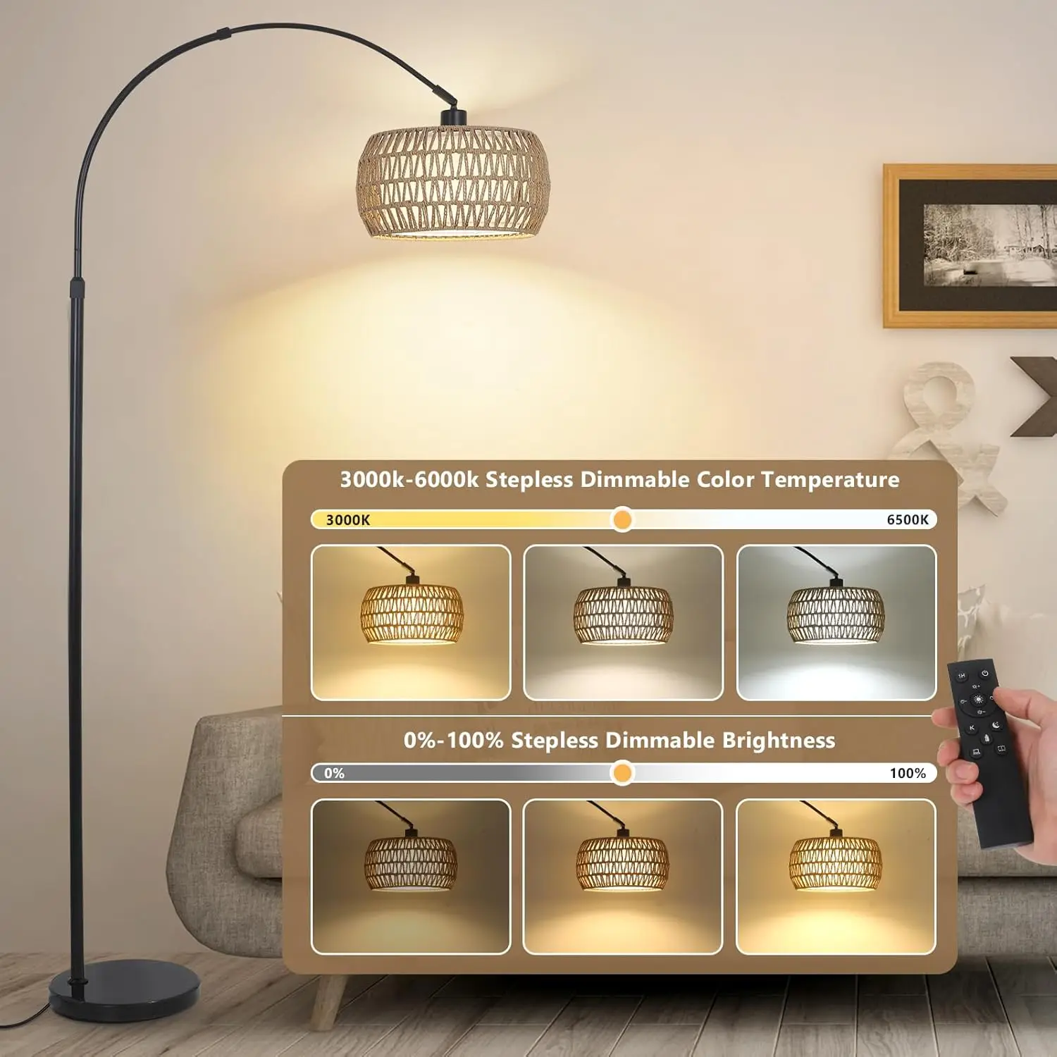 Adjustable Arc Floor Lamp with Remote, Dimmable LED Bulb, Rattan Shade for Living Room & Bedroom
