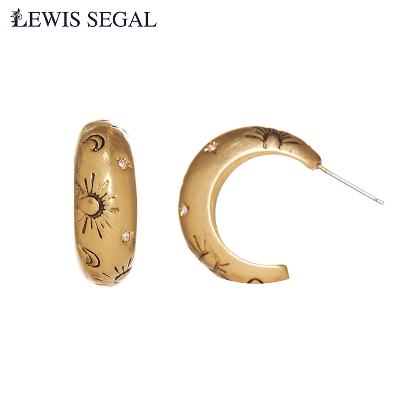 LEWIS SEGAL Medieval 18k Jewelry Vintage Earrings for Women Semi-curved Shaped Sun and Moon Carving Patterns 18K Gold Plated