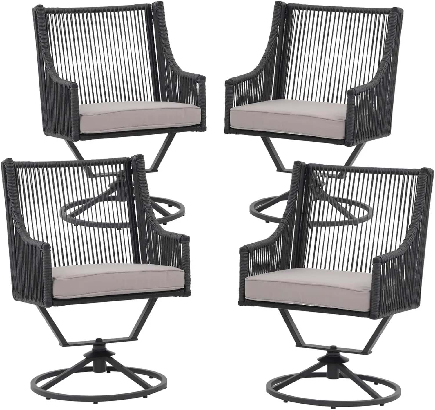 Outdoor Swivel Dining Chairs Set of 4, Wicker All-Weather Rattan Chairs with Cushions for Lawn & Backyard (Black/Light Gray)