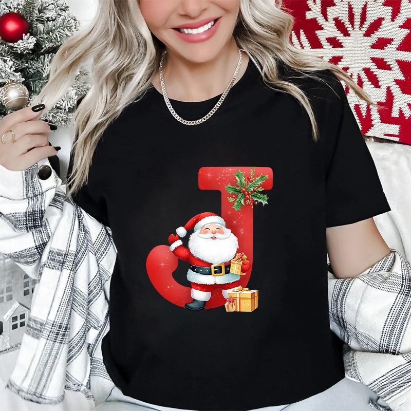 Christmas Alphabet A-Z Print Women’s T-shirt, Casual Graphic Holiday Short Sleeve Tee Santa Letter Printed Party Top for Female