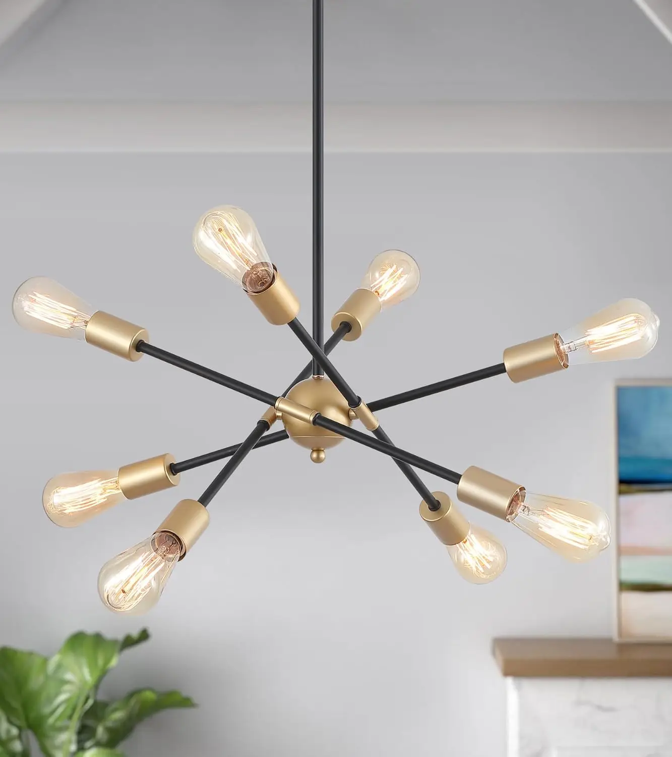 

8-Light Sputnik Chandelier, Black and Gold Mid-Century Modern Pendant for Dining Room Kitchen Island, UL Listed