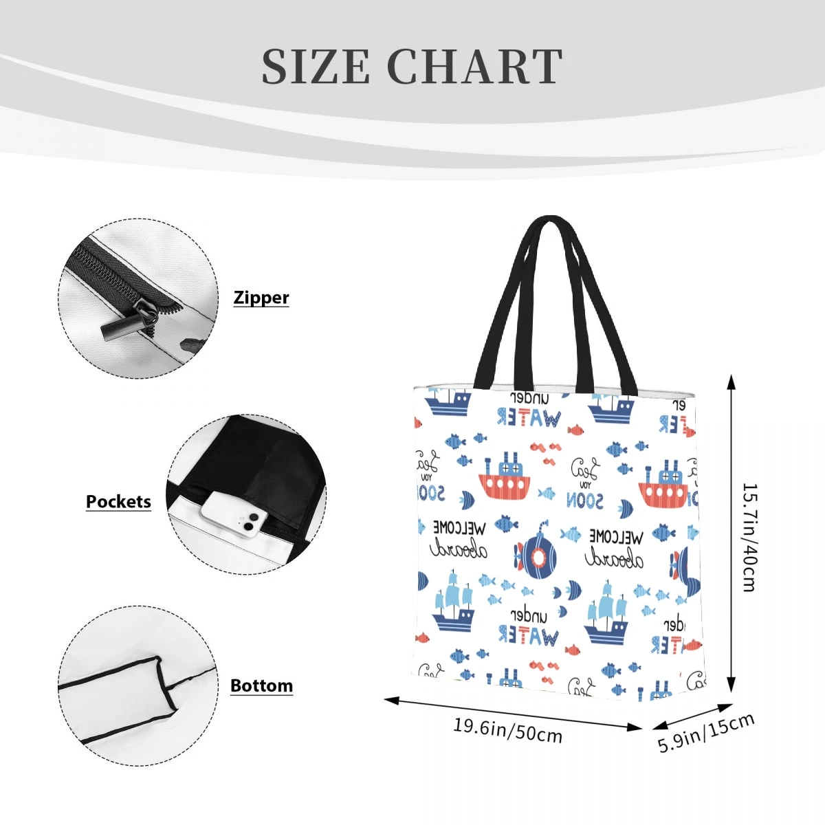 Boats Pattern Handbag Printed Travel Shoulder Bag Large Capacity Women's Shopping Strap Casual Canvas Strap