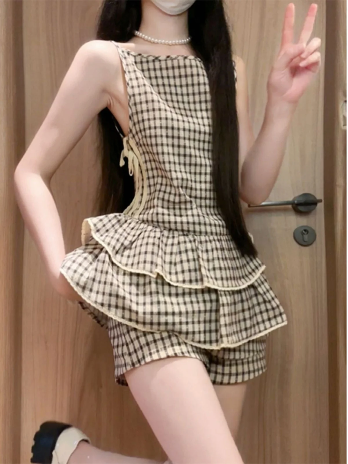 

Fashionable Retro Plaid Strap Top And Short Pants Two-Piece Set for Women Summer Street Style Princess Style Short Pants