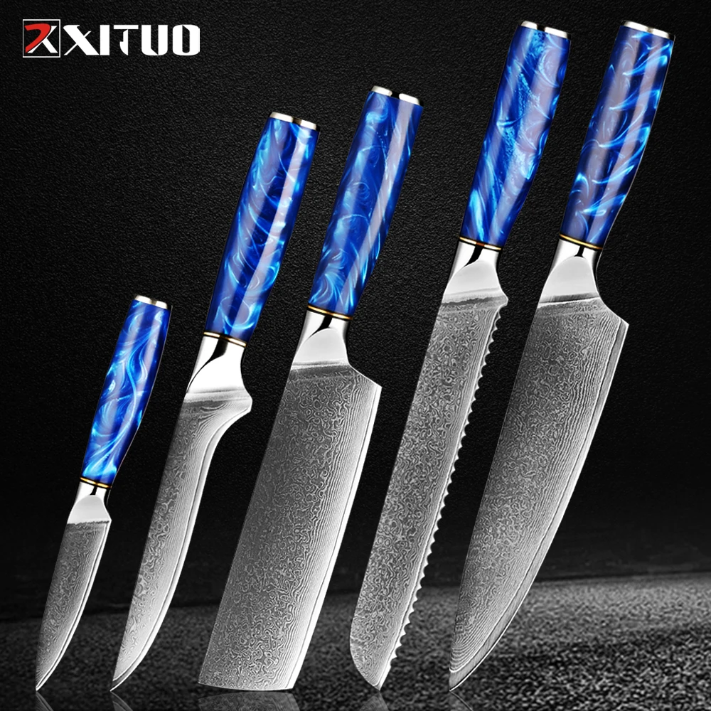 XITUO Damascus Steel Chef Knife Set 1-5Piece Santoku Boning Sashimi Bread Knife Razor Sharp Professional Japanese Kitchen Knives