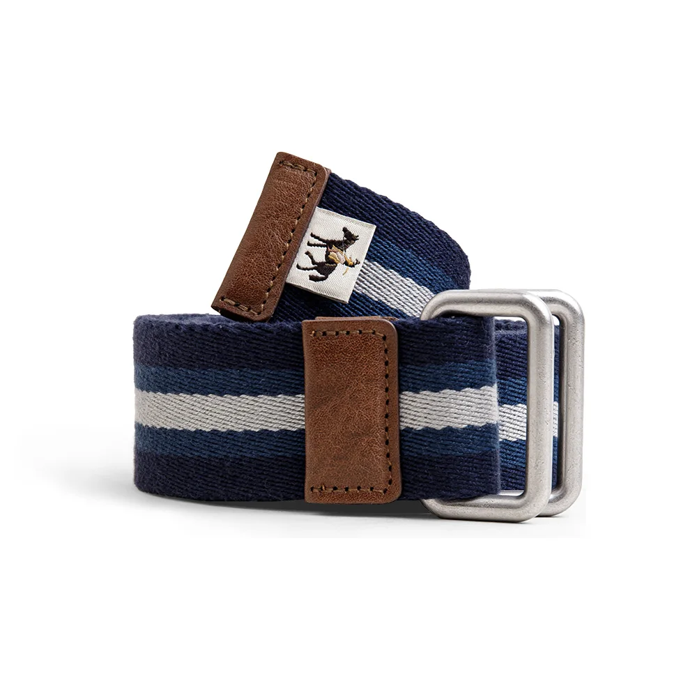 Maden Women\'s No-hole Blue and White Colorblocking Belts Double Ring Buckle Belt Retro Striped Woven Canvas Elastic Belt