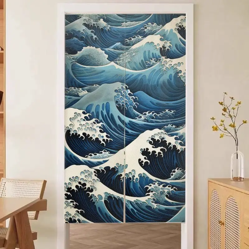 VIKAMA Japanese Noren Door Curtain Ukiyo-e Blue Ocean Wave Print Room Divider Kitchen Restaurant Asian Hanging Decor Curtain