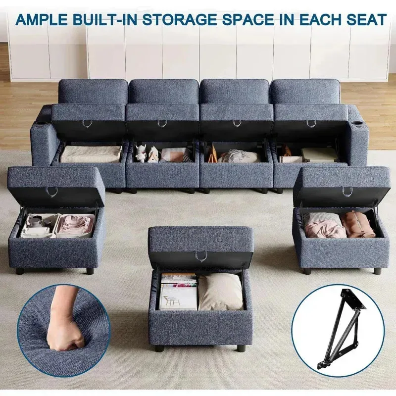 QAZ8-Modular Sectional Sofa.Multifunctional Couches for Living Room Storage.Armrest with Power Grommet and Cup Holder.Wireless#R