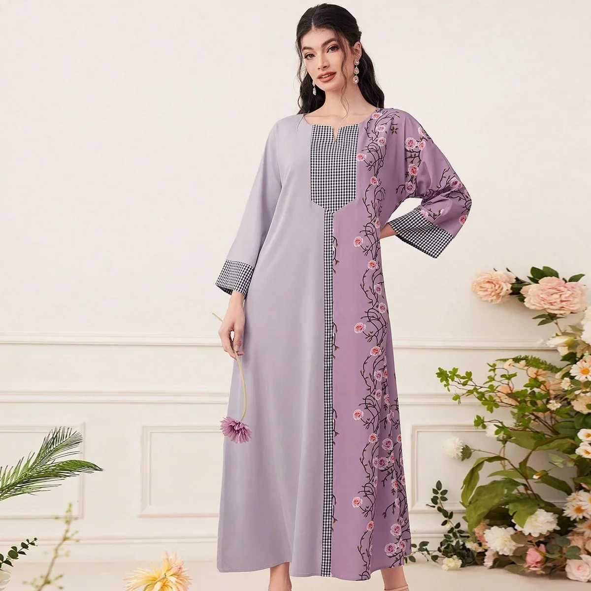 Women dress Eid Muslim Abaya jalabiya dress V Neck Dubai Abayas Party Dress floral Print Vestidos Arab Long Robe Patchwork 2023