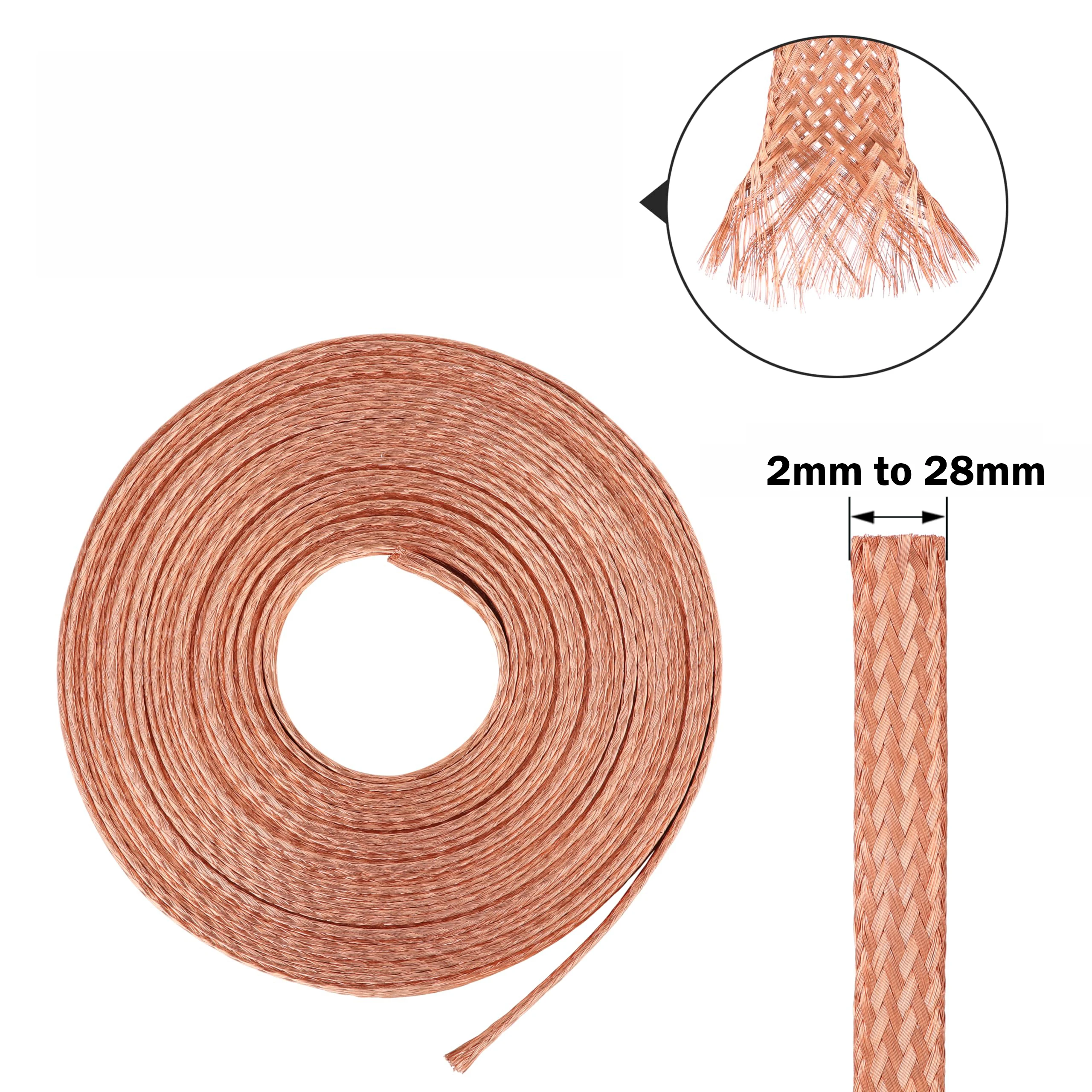 Flat Pure Copper Braid Cable Bare Copper Braid Wire Ground Lead 2mm~28mm Copper Metal Shielding Braided Sleeving Cable Harness