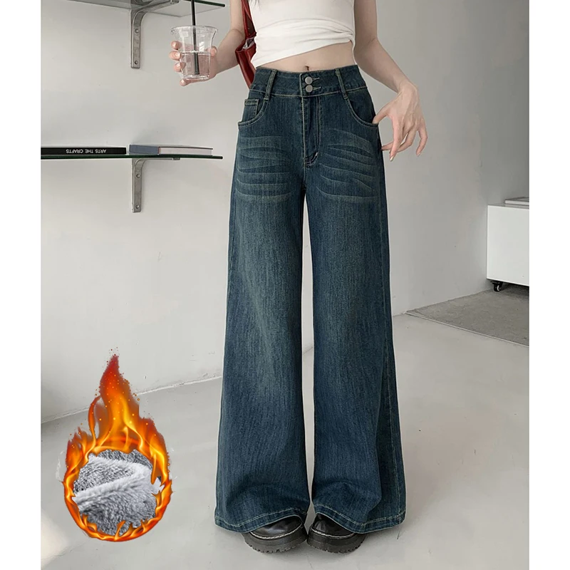 Female Winter Hot Sale Plush Thermal Jeans Girls Snow Warm Baggy Fleece Denim Pants Women Classic Fashion Straight Leg Trousers