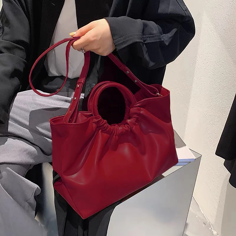 Red High Quality Large Capacity Tote Bag Fashion Soft Leather French Pleated Design Handbag Women\'s Casual Commute Shoulder Bag