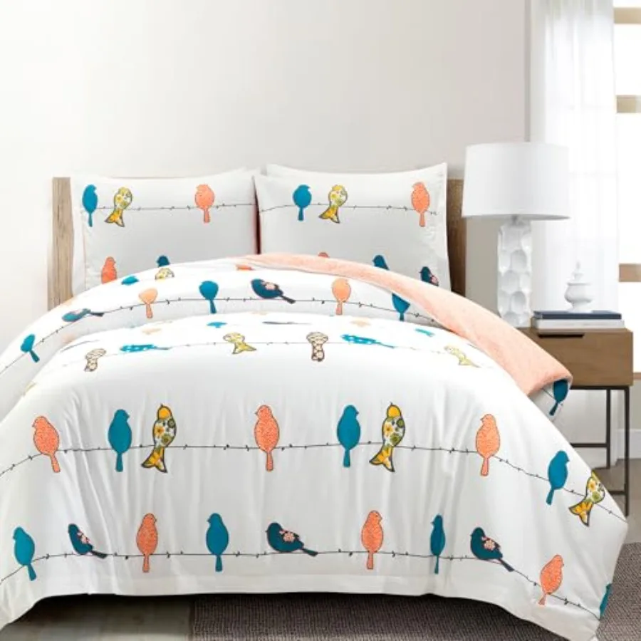 

Rowley Birds Reversible Cotton Cover Set 3 Pcs Set Full/ Queen Multi - Colorful Bird Bedding Set - Whimsical and Playful Floral