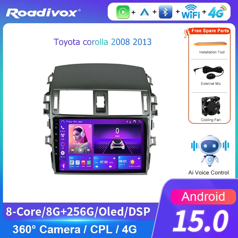 AI VOICE roadivox  Android 13.0 car radio  stereo GPS Navigation video Multimedia Player tape  for Toyota corolla 2008 2013