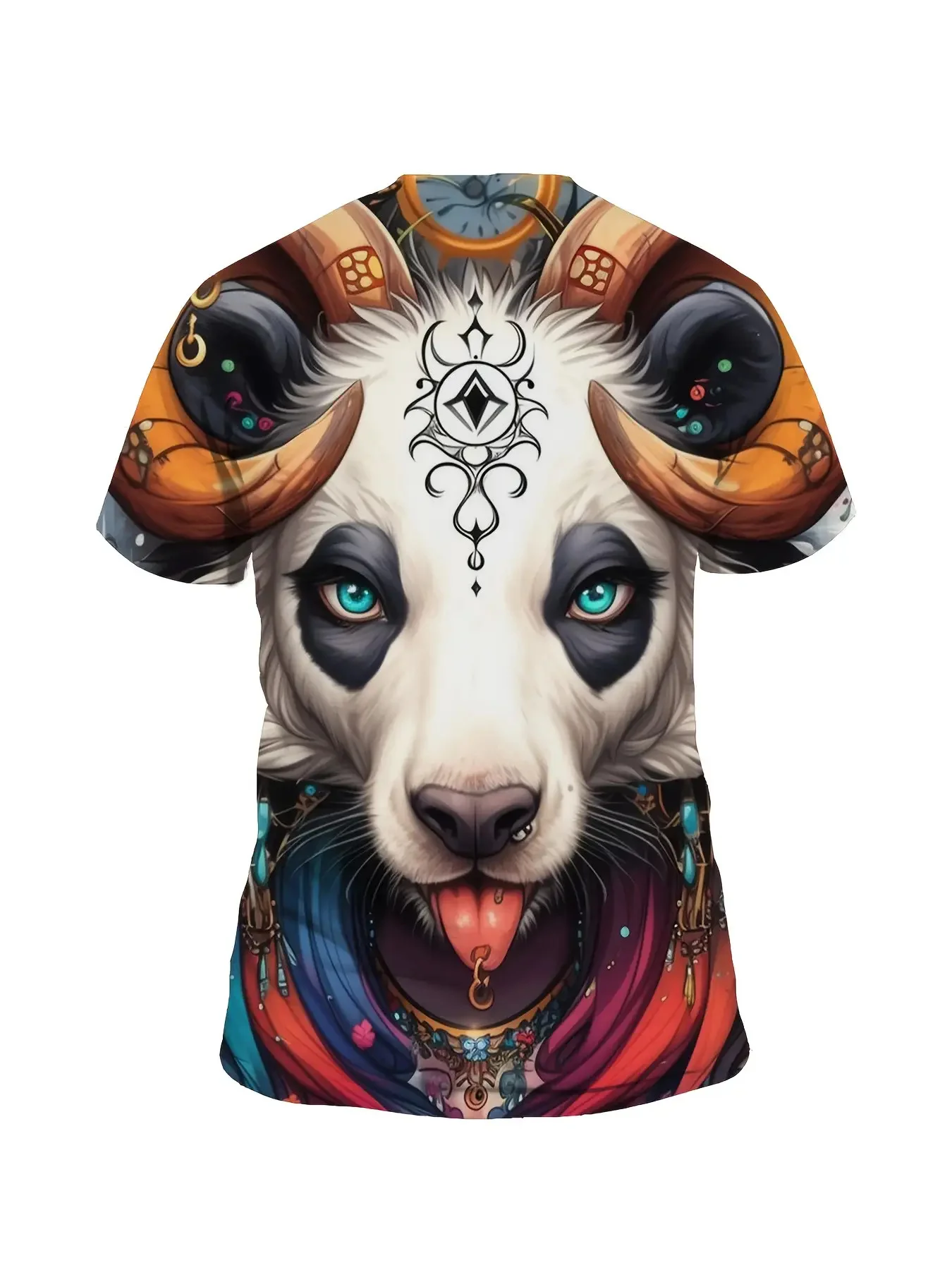 Men Short Sleeve T‑Shirt Mystic Tribal Ram‑Panda Hybrid Totem Boho Crew Neck Casual Tops