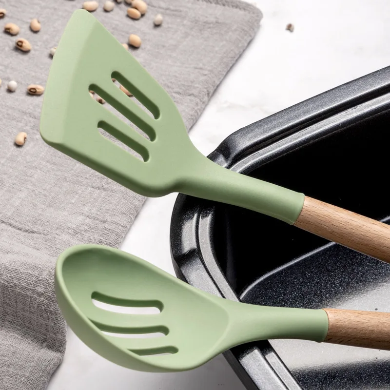 Avocado Green Cooking Kitchenware Silicone Utensils Wooden Multifunction Handle Non-Stick Spatula Ladle Egg Beaters Shovel New