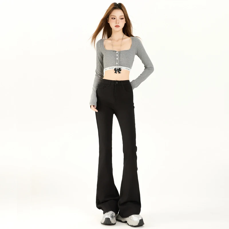 جينز نسائي Y2k جينز أسود متوهج بنطلون رقيق مبطن بالصوف 2025 جديد عتيق عالي الخصر واسع الساق موضة غير رسمية