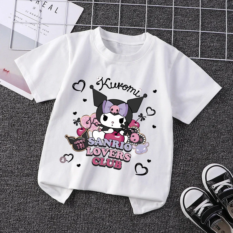 Kuromi Kids Clothing Cute Girl Cotton T Shirt Boy White Cartoon Anime Tees Baby Summer Shirts Cute Printed Tops Costume Gift