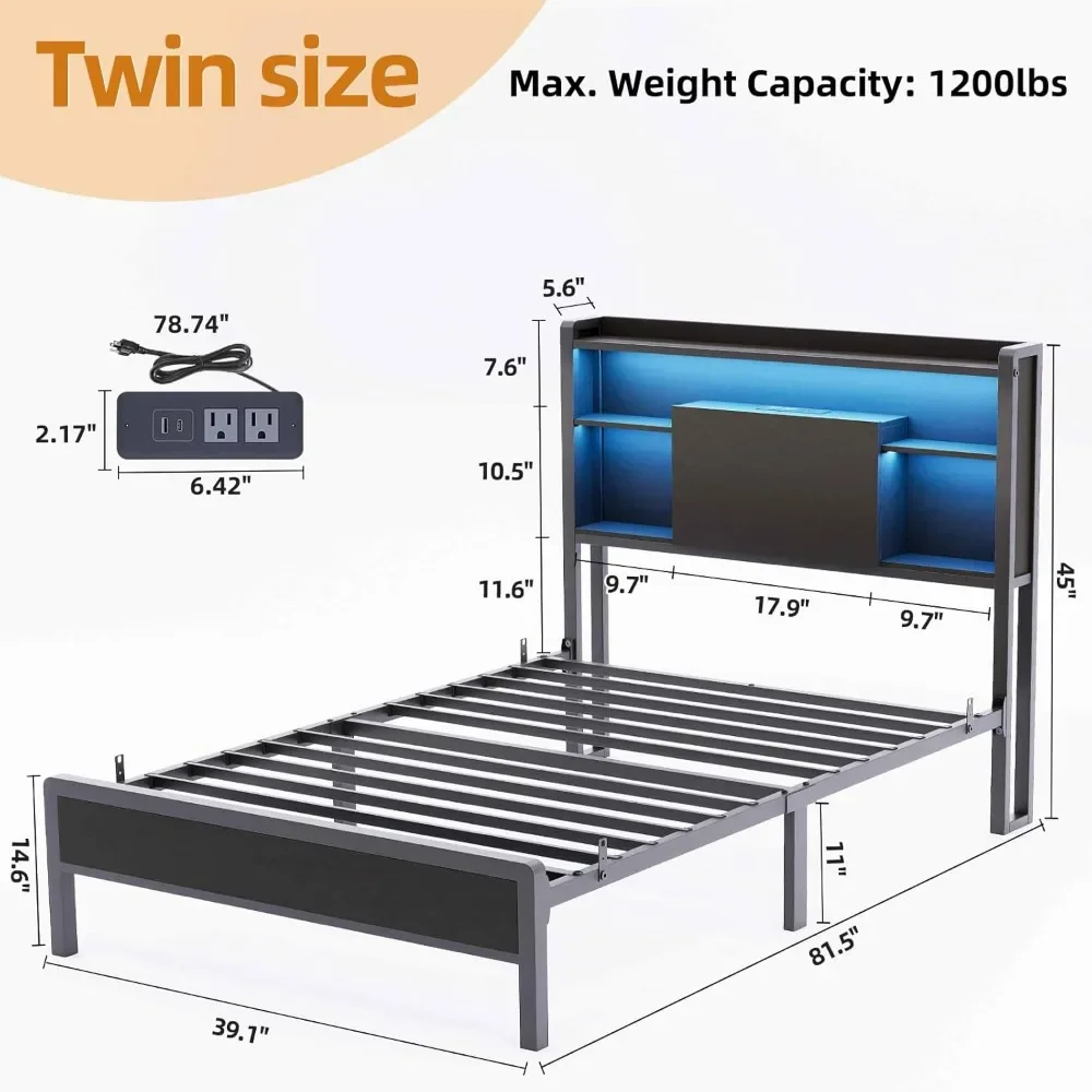 Bed Frame Twin Size with LED Lights and Charging Station, Heavy Duty Metal Platform Bed with Super Large Storage Space Headboard