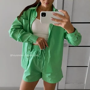 

Spring/Summer Casual Home Clothes Suit Women's Long-sleeved Shirt Top + Straight Shorts Two-piece Suit Women Clothing