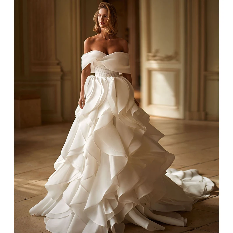 

Romantic Wedding Dress Ruffled Organza With A-Line Ball Gown Sleeveless Boat Neck Customized Bride Dress Zipper Vestido De Novia