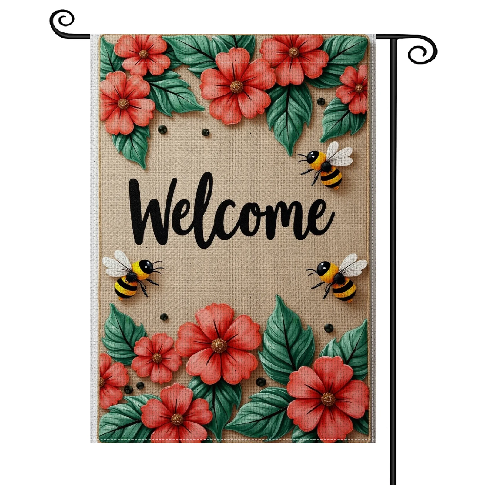 Rustic Burlap Welcome Garden Flag Welcome Yard Banner 3D Decorative Green Leaf Accents Garden Welcome Sign for Front Porch Decor