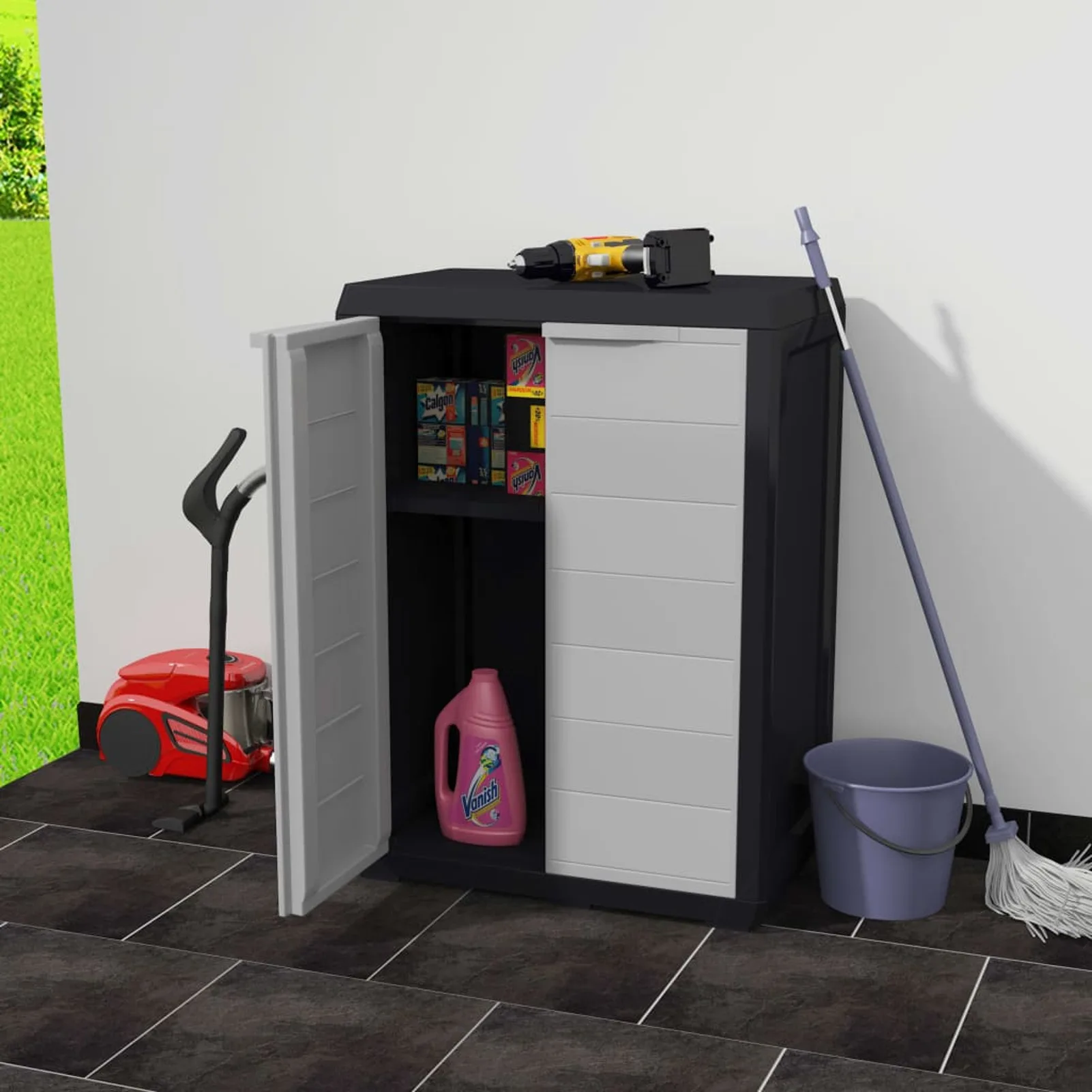 High-quality Outdoor Patio Garden Storage Cabinet with 1 Shelf Cabinet Organizers and Storage Polypropylene Black and Grey