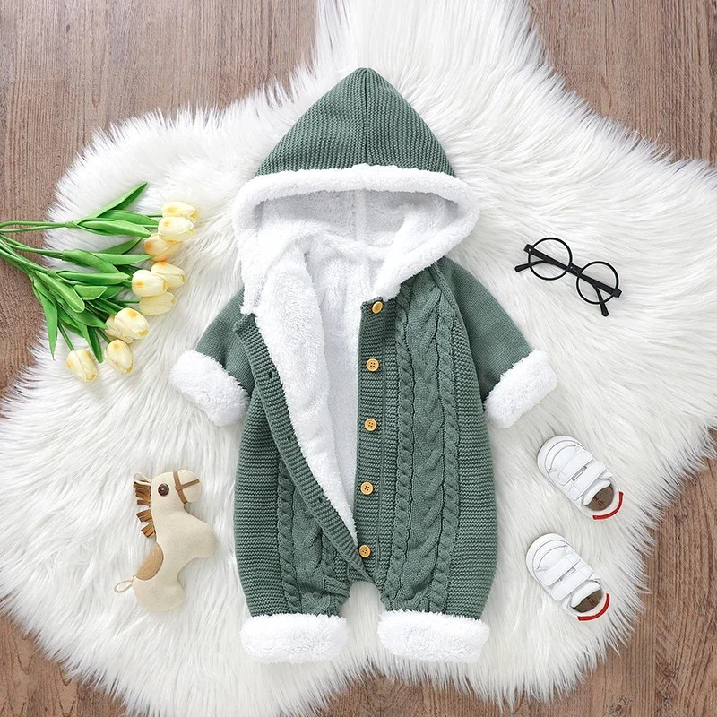 Baby Romper Fashion Hooded Newborn Boy Girl Jumpsuit Knitted Plus Fleece Infant Toddler Winter Clothing Long Sleeve Onesie 0-18M