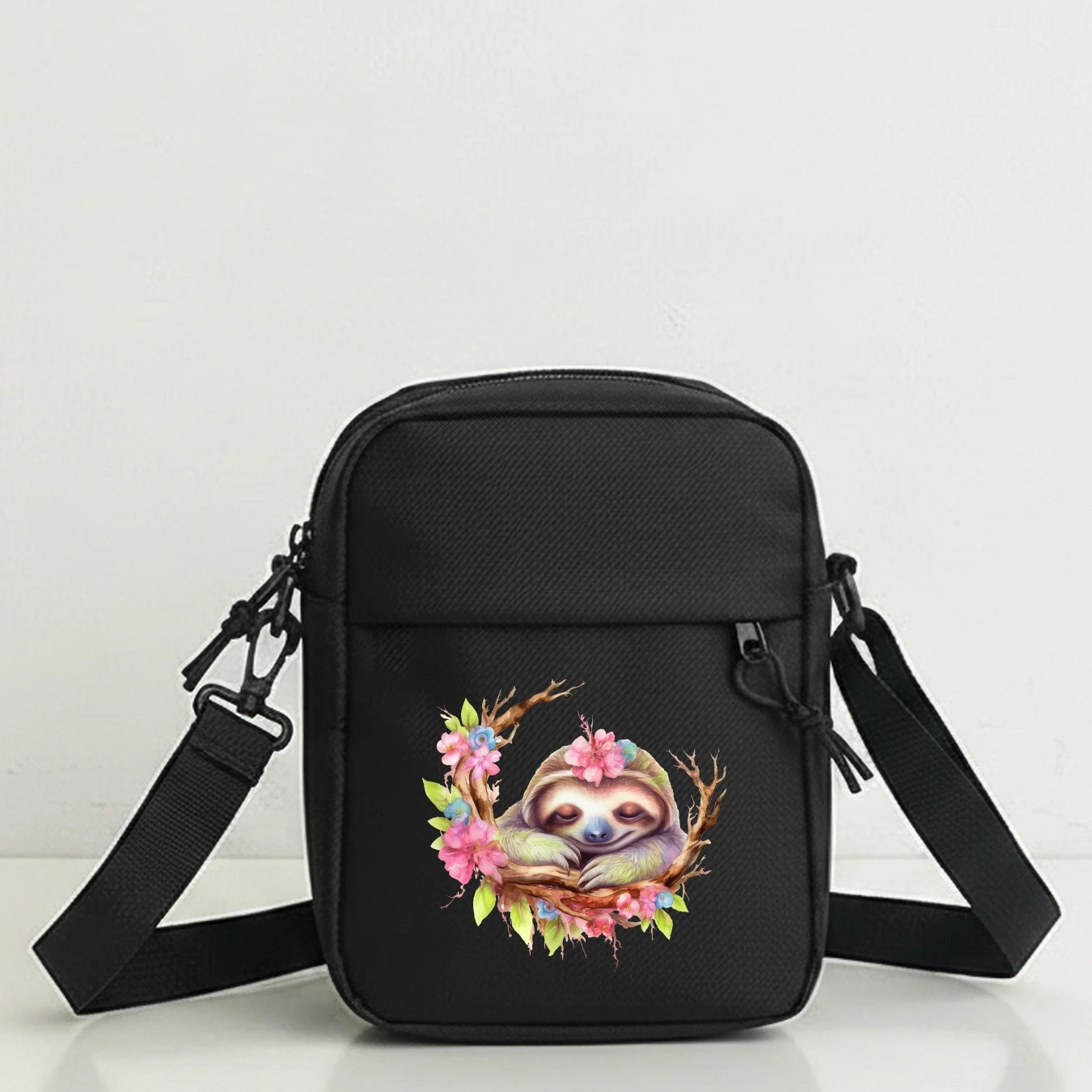 Watercolor Floral Sloth Messenger Bag for Men, Adjustable Strap, Zipper Closure, Casual Travel, Work, School, Cycling, Unisex