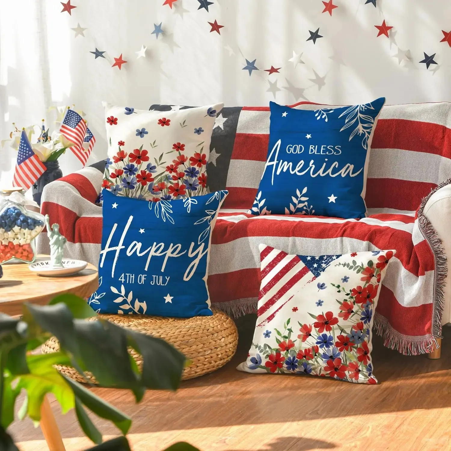 Happy 4th of July Patriotic Independence Day Memorial Day USA Flag Cushion Case Decorations Set of 4