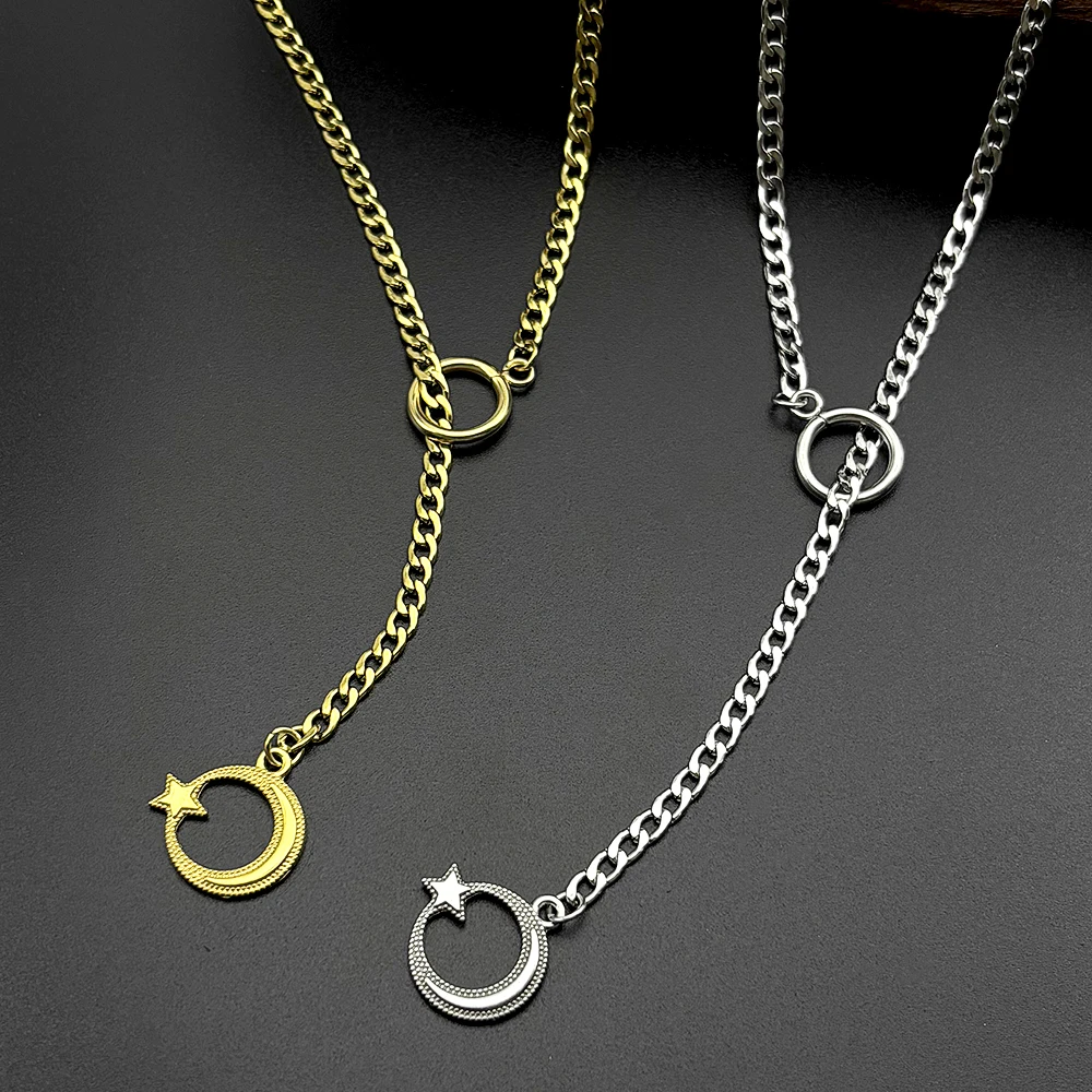 Islamischer arabischer Stern-Halbmond-Anhänger, O-Ring, lange Kette für Damen und Herren, Edelstahl, verstellbare Y-Halskette, Schmuck, Geschenk