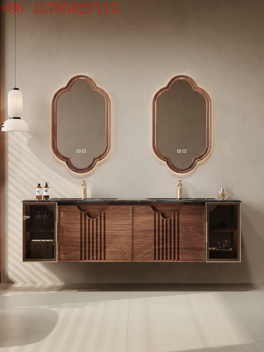 

Black and white root marble ceramic double basin double faucet new Chinese enlarged bathroom cabinet