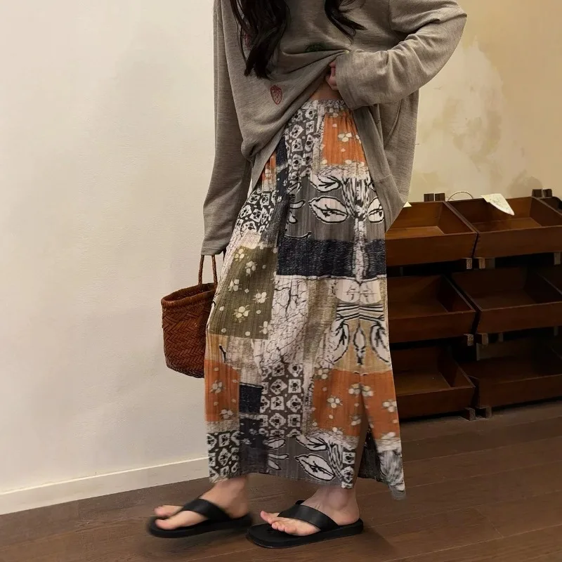 

Miyake Pleated Retro Ethnic Printed Skirt Plisse Women 2026 Summer Floral Pleats Jupe Draped Slim Fold Straight Mid-Length Skirt