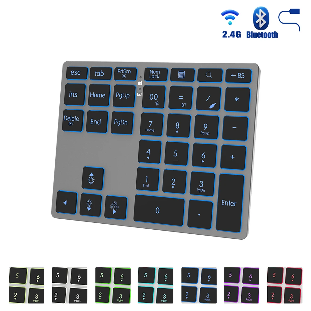 Portable Bluetooth&2.4G&Wired Numeric Keyboard,Rechargeable 35 Keys Wireless RGB Backlit Number Keypad for PC/Laptop/Tablet