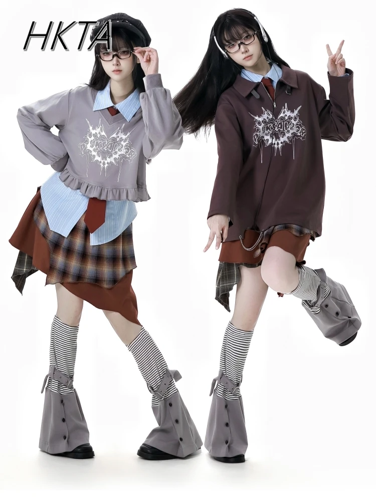 Spring Sweet Cool College Style Ruffled V Neck Long Sleeved Sweatshirt Women Waist Shirt Top Irregular Plaid Skirt Girl Sets