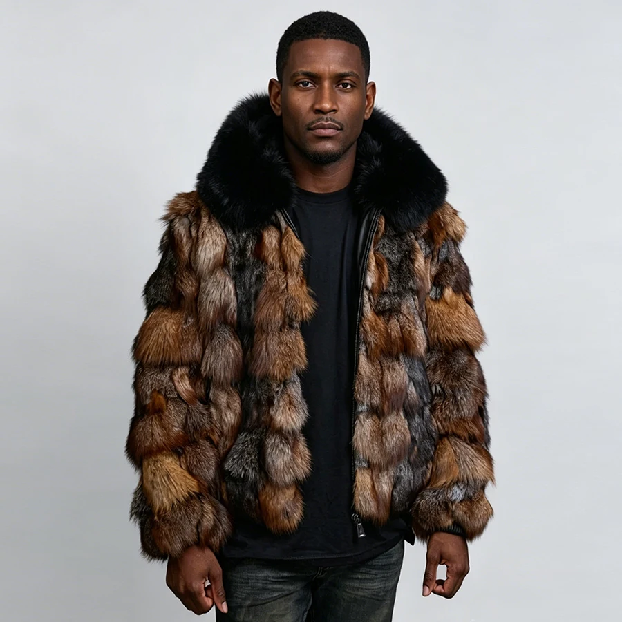 Natural Fox Fur Coat With Large Wing Collar Real Fox Fur Zippered Bomber Jacket Short Cropped Fur Coat New Men's Winter Jacket