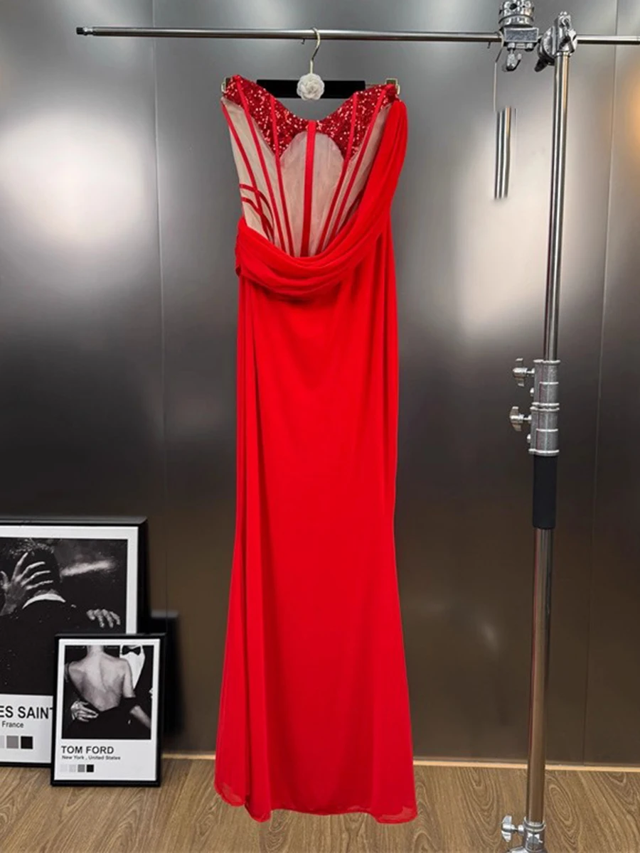 VGH Sexy Slimming Solid Dinner Dresses For Women Square Collar Sleeveless High Waist Elegant Folds Long Dress Female Fashion New