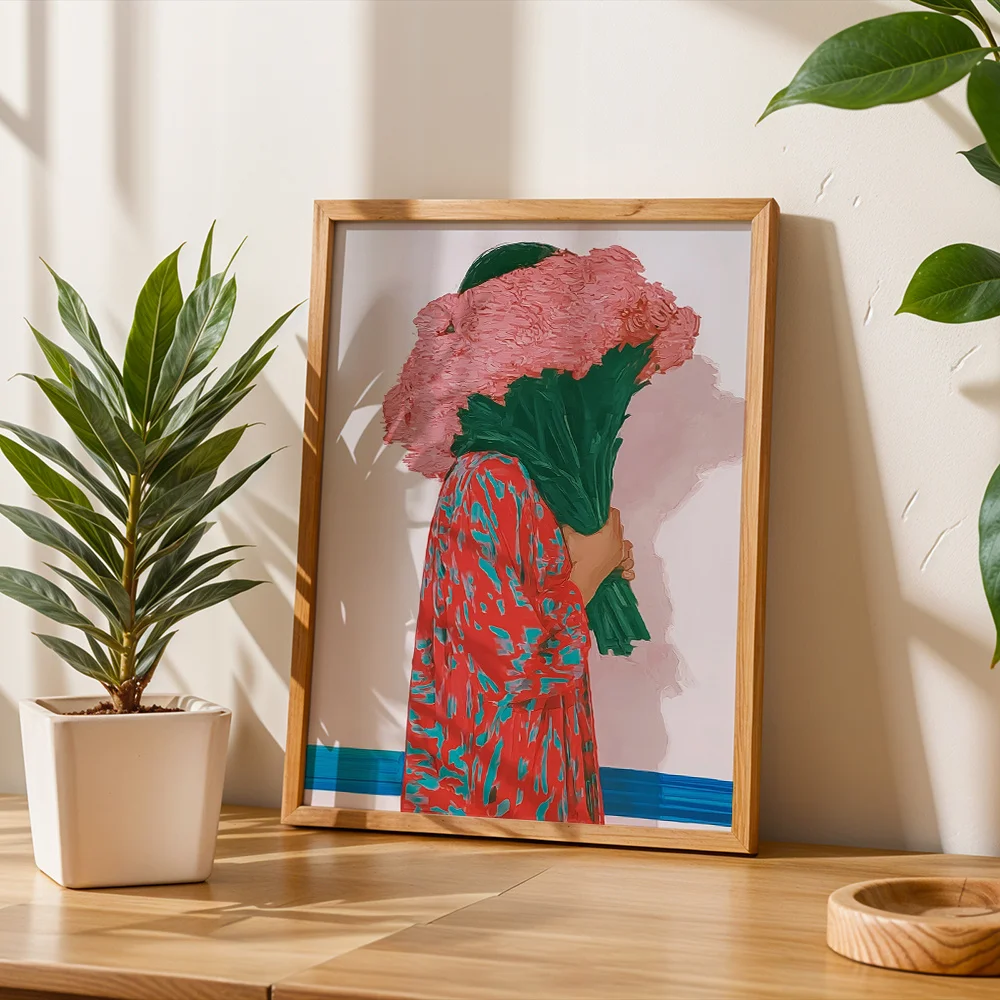 Minimalist Figure Holding Flower Bouquet Canvas Wall Decor Picture, 2D Printed Poster Wall Art, Aesthetic Home Decor Gift For Li