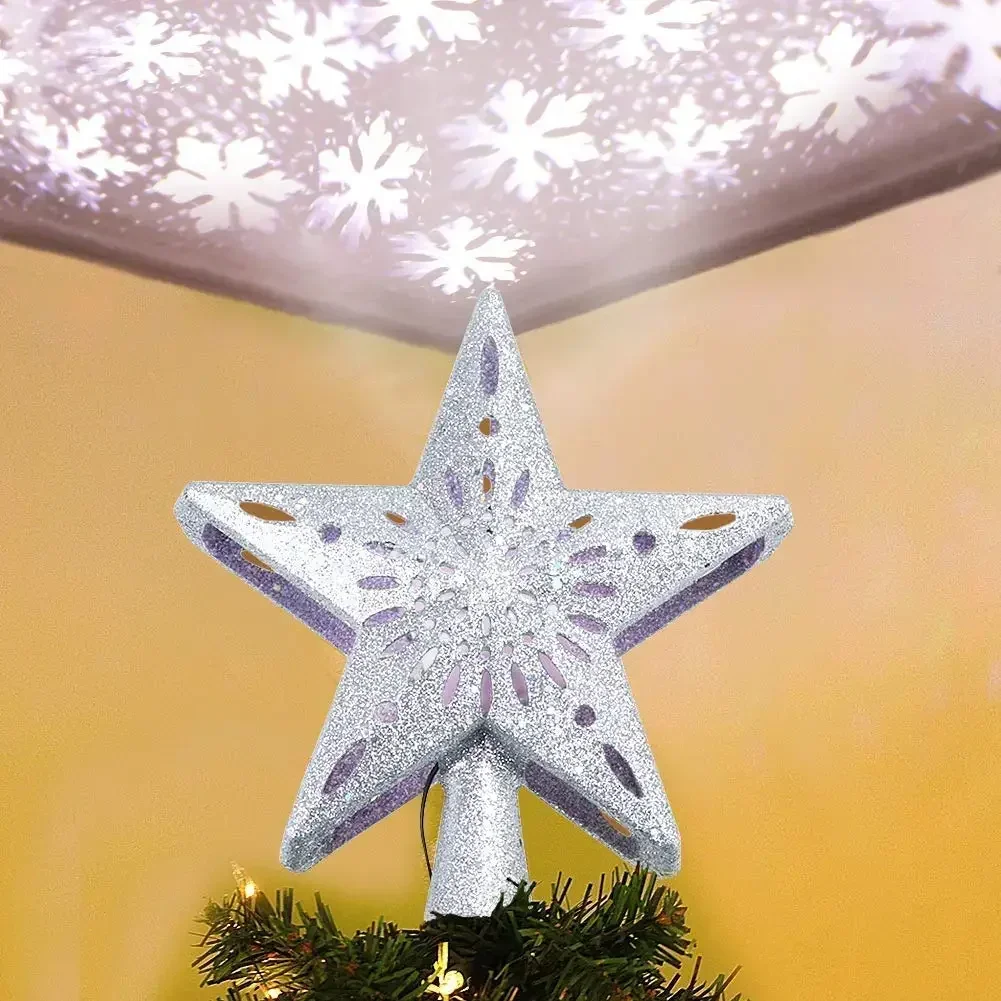 Christmas Tree Topper Star Tree Toppers with LED Rotating Snowflake Projector Lights, 3D Hollow Gold Star Snow Tree Topper