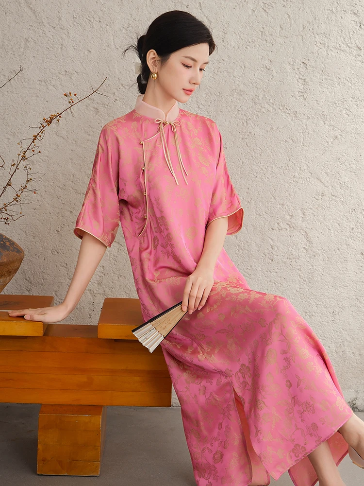

Retro Chinese Sle Dr Women's New Zen Tea Costume Spring Summer Floral Pattern Midi Length Slant Collar Gown