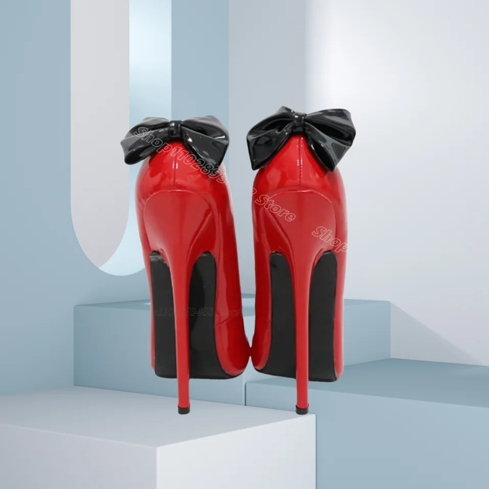 빨간 리본 장식 슬립온 펌프스 뾰족한 앞코 스틸레토 스윗 스타일 신상 패션 파티 웨딩 드레스 여성 신발 여성용 신발