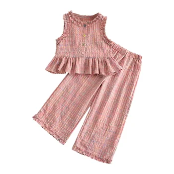 Pink Girl's Summer Two-piece Set with Single Breasted Sleeveless Top and Casual Pants,…