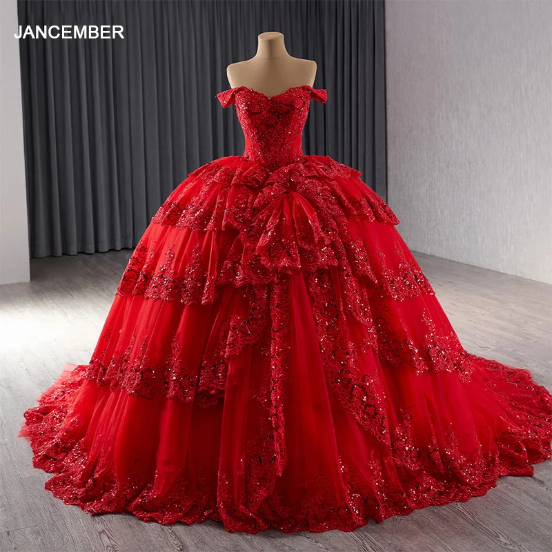 Red Sequins Beading Cake Evening Dress Off Shoulder Lace Evening Party Gowns Sweep Train Customize فساتين حفلة موسيقية RSM241089