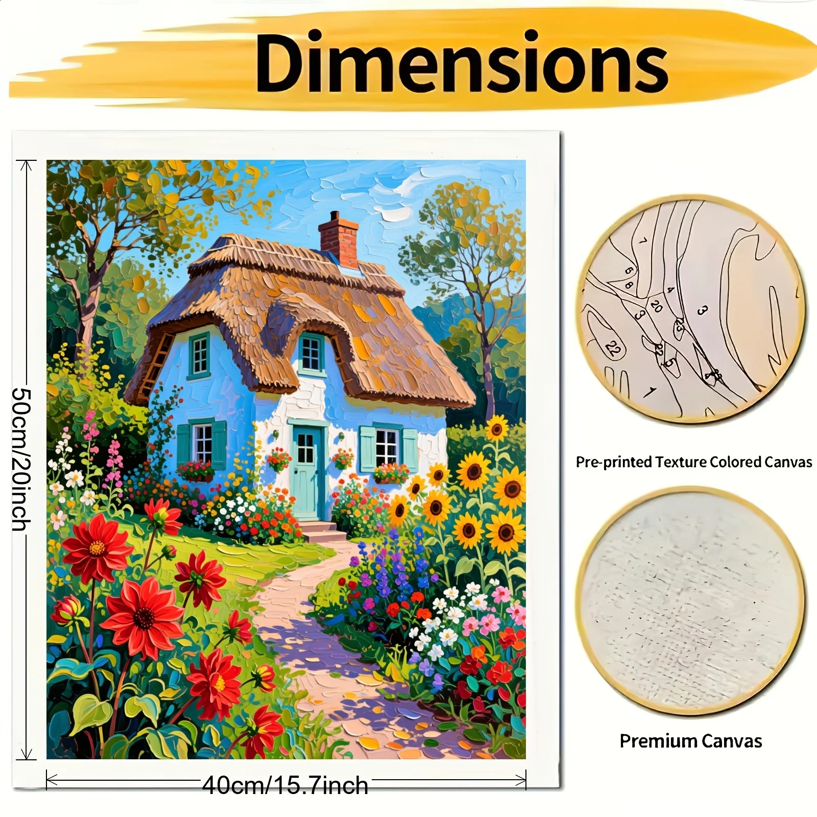 [2D Flat Frameless][Professional Art Use] 1pc DIY Paint by Numbers Kit for Beginners, Includes Acrylic Paints, Canvas, 3 Paintbr