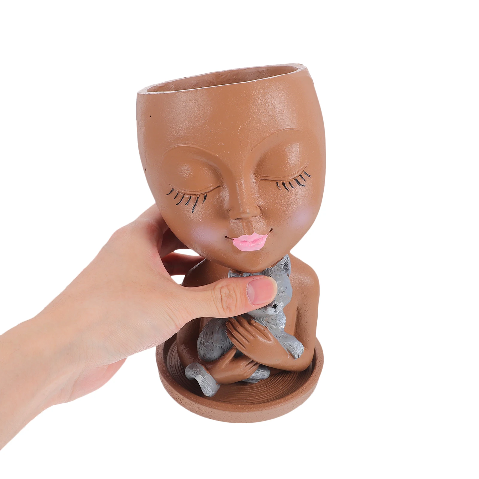 

1pc Face Flower Pot Cat Design Resin Planters Succulents Handpainted Drainage Hole Tray Girl Planter Cartoon pots