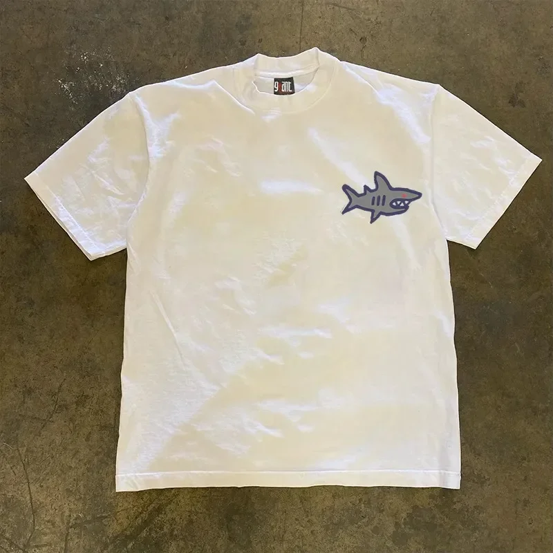 2024 Summer Men Women T Shirt 100% Cotton Oversized American Short-sleeved Shark Print Unisex Versatile Top T Shirt Summer