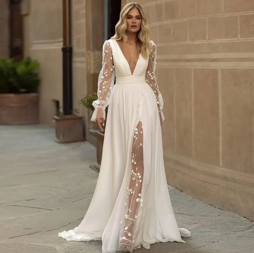 Sexy Boho Wedding Dress Deep V Neck Silt Long Puffy Sleeves Bridal Gowns Backless Lace Appliques A-Line Sweep Train Chiffon