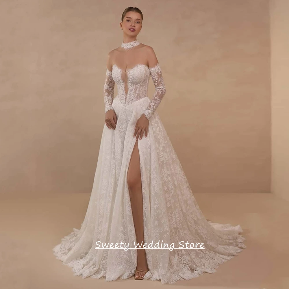 Customized Sexy Wedding Dresses Vestido Noiva Long Sleeves V Neck See Through Pearls Sweep Train Lace Bridal Gown for Lady