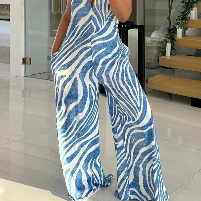 Women 2024 Summer Fall New Sweet Fresh Neckline V-neck High Waist Halter Wide-leg Jumpsuit Women Casual Commuter Wide-leg Pants