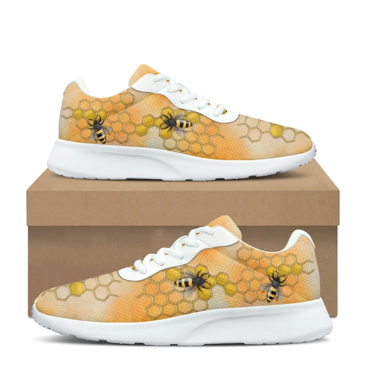 New Cartoon Bee Honey Pattern Women Sneakers Flats Breathable Comfortable Ladies Sport Outdoor Running Shoes Athletic Gym Shoes