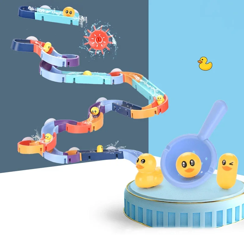 Baby Bath Toy Wall Sunction Cup Track Water Wind-Up Duck Slide Bathroom Assembling Swimming Pool Water Toys For Kids Gifts